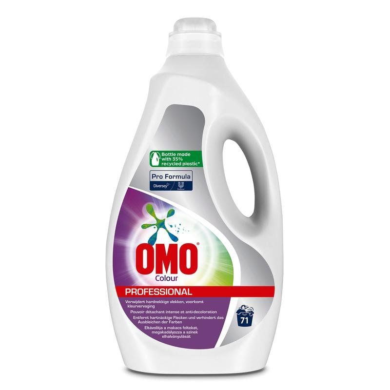 OMO Professional Colour Flüssig Waschmittel in weißer Flasche mit farbigem Etikett und Griff.