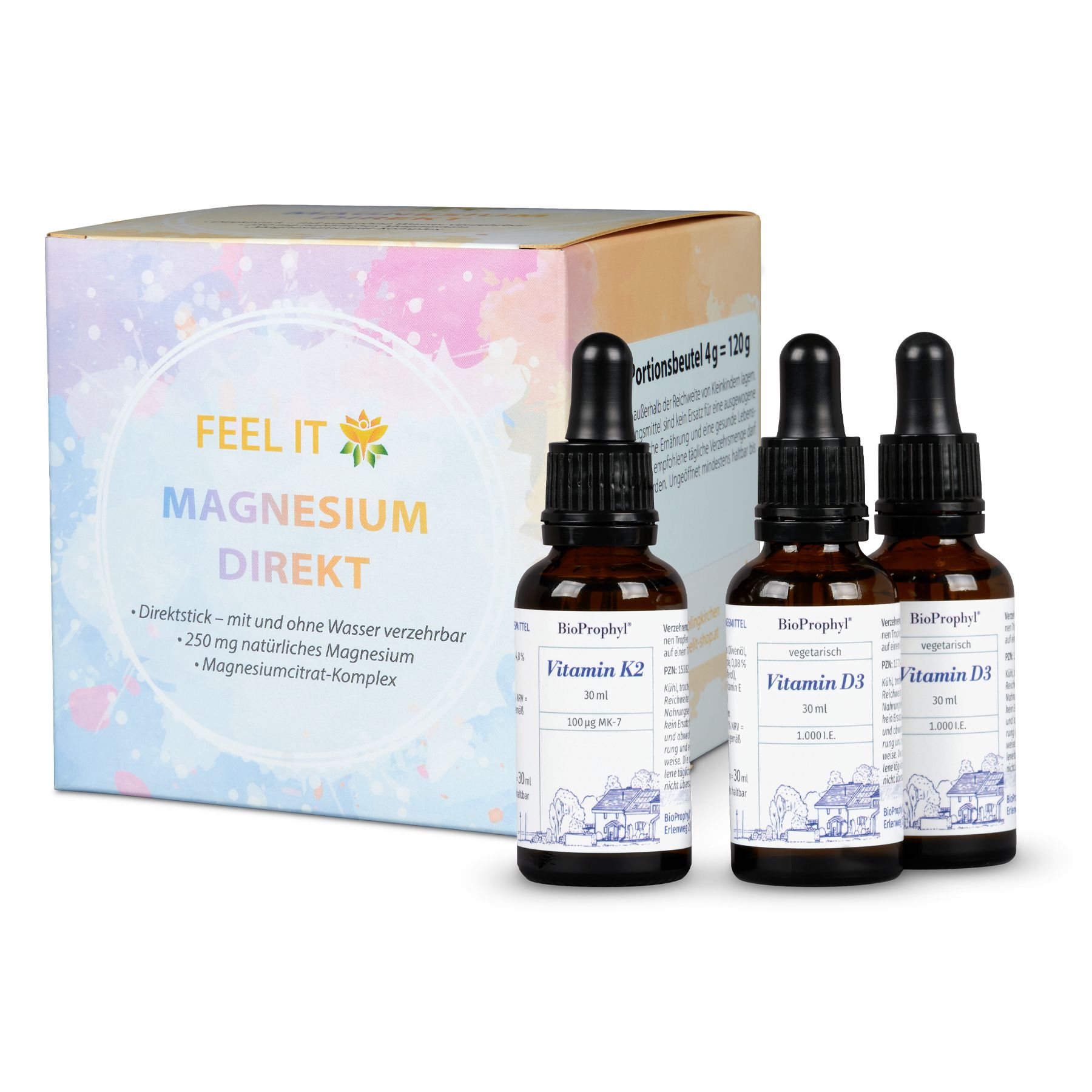 Drei Flaschen mit Tropfer und eine Schachtel. Auf den Flaschen steht Vitamin K2 und Vitamin D3. Auf der Schachtel steht Magnesium Direkt.