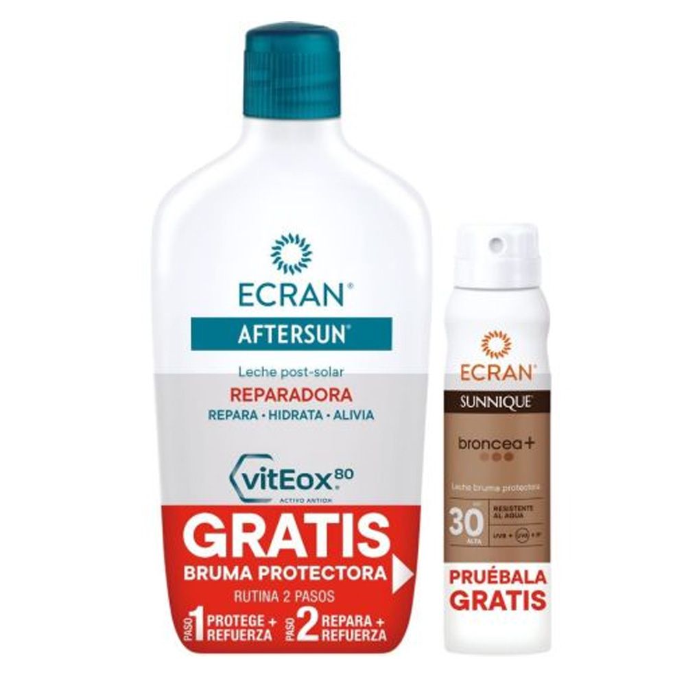 Zwei Flaschen: ECRAN AFTERSUN und SUNNIQUE. AFTERSUN: weiße Flasche, türkiser Deckel. SUNNIQUE: Spray, weiß-braun. Text: Reparadora, broncea+.