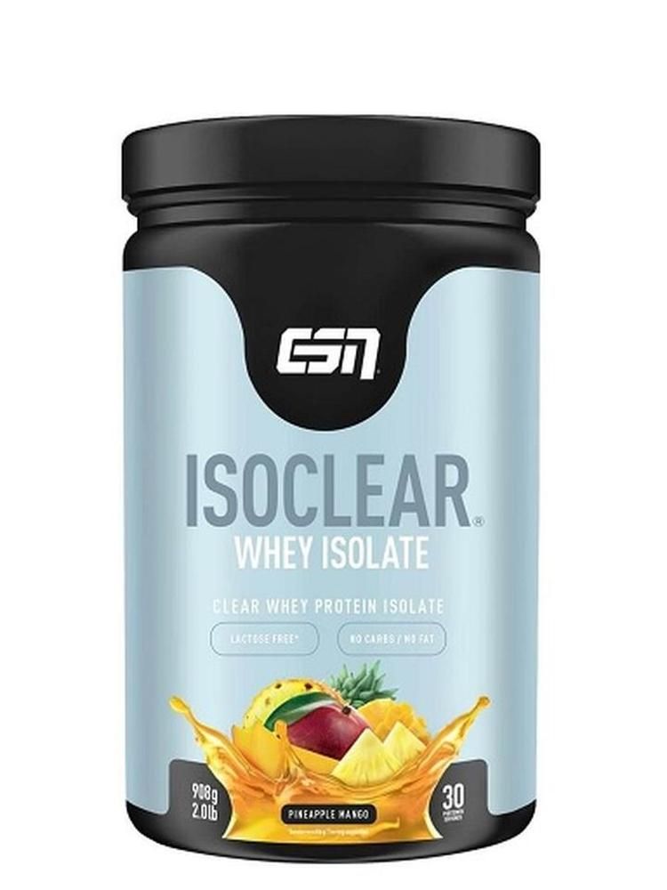 ESN ISOCLEAR Whey Isolate-Behälter. Blaue und gelbe Etiketten mit Produktnamen und Fruchtbild. 908g, 2.0lb, 30 Portionen. Ananas-Mango-Geschmack.
