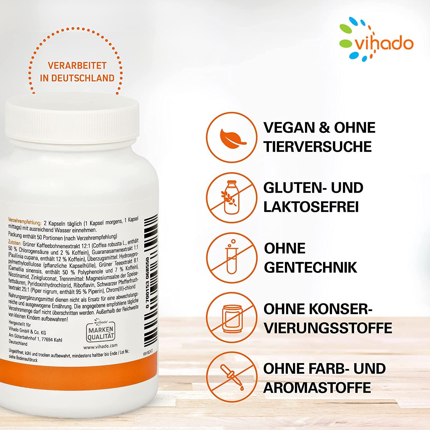 Flacone bianco di capsule Vihado F-BDY. Sul retro sono elencate informazioni come "Prodotto in Germania" e "Vegano e senza test sugli animali". Altre icone mostrano "Senza glutine e lattosio" e "Senza OGM".