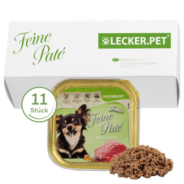 Verpackung mit 11 Stück Hundefutter. Einzelne Dose mit Produktabbildung und Text. Lecker.Pet Logo.