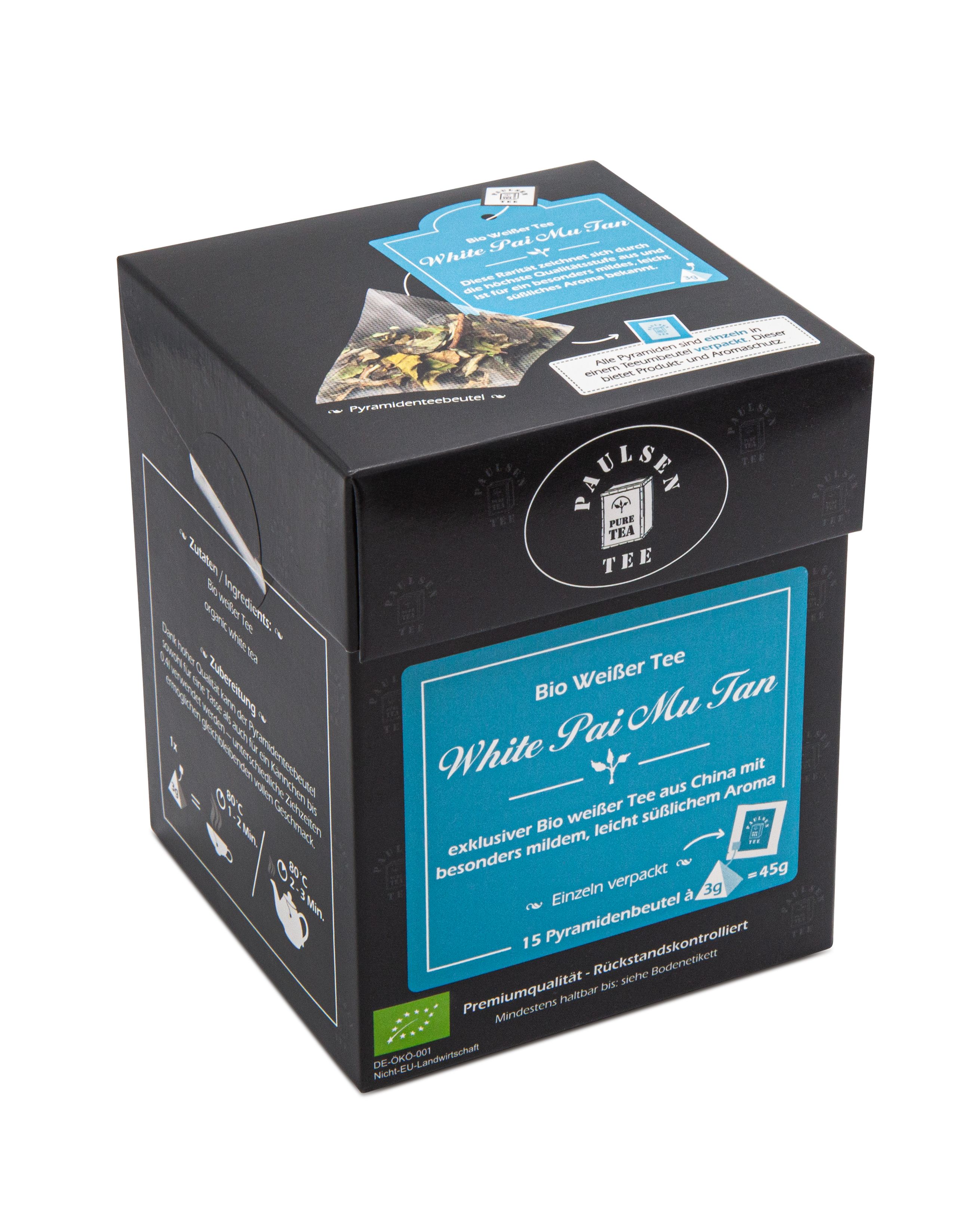 Schwarze Tee-Box mit blauem Etikett. Aufschrift: Bio Weißer Tee White Pai Mu Tan. 15 Pyramidenbeutel.