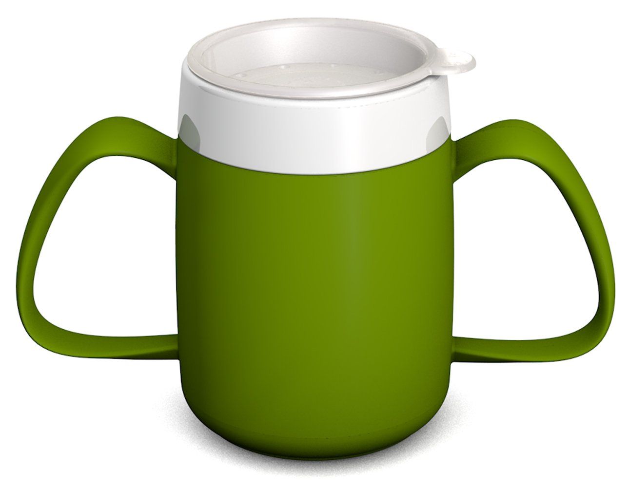 Grüner Becher mit zwei Griffen und weißem Deckel. Der Becher hat einen Trinkaufsatz.