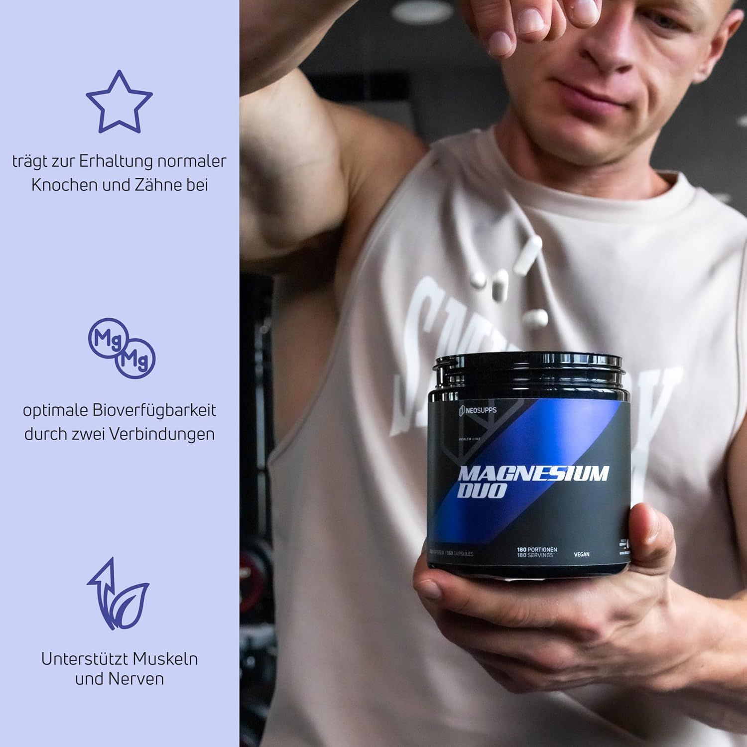 Dose Magnesium Duo. Schwarzer Behälter mit blauem Etikett. Text: Magnesium Duo. Mann hält Dose und Kapseln. Sterne und Icons.