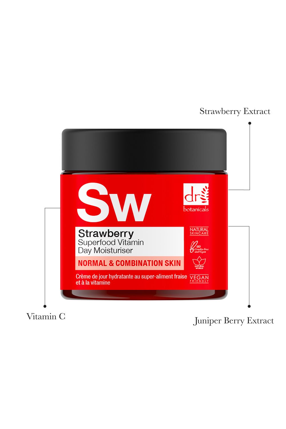 Rote Creme-Dose mit schwarzem Deckel. Aufschrift: Strawberry Superfood Vitamin C Day Moisturiser. Vegan-Siegel.