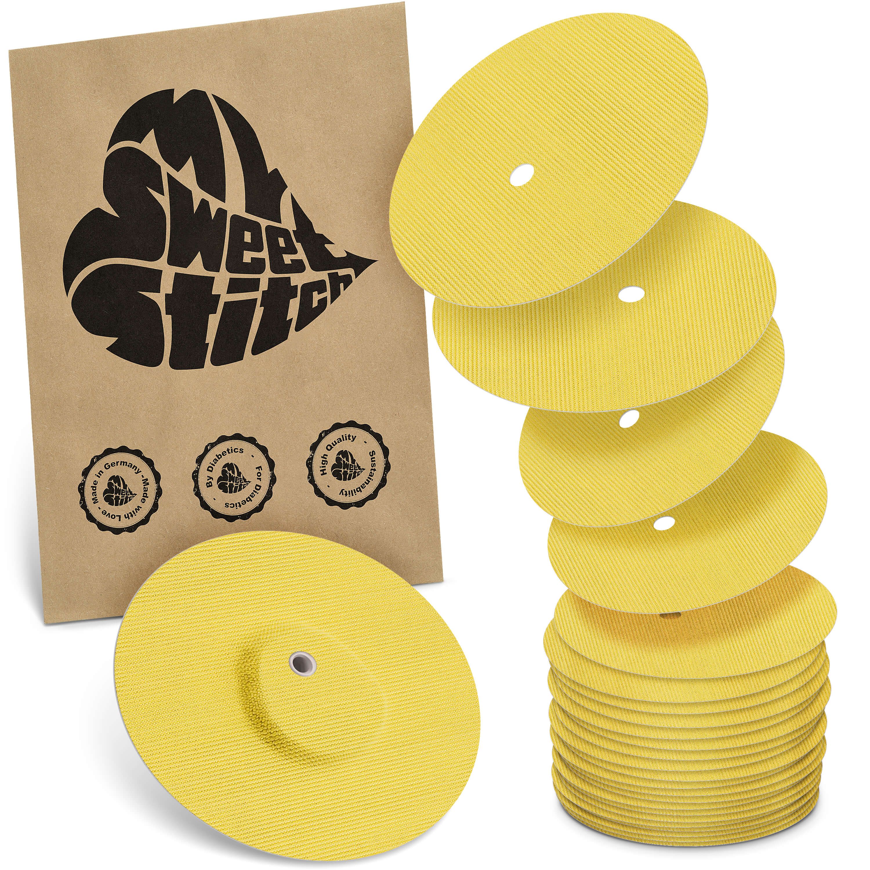 Gelbe Fixierpflaster, teilweise gestapelt und in einer Verpackung. Auf der Verpackung ist der Markenname "MySweetStitch" zu sehen.