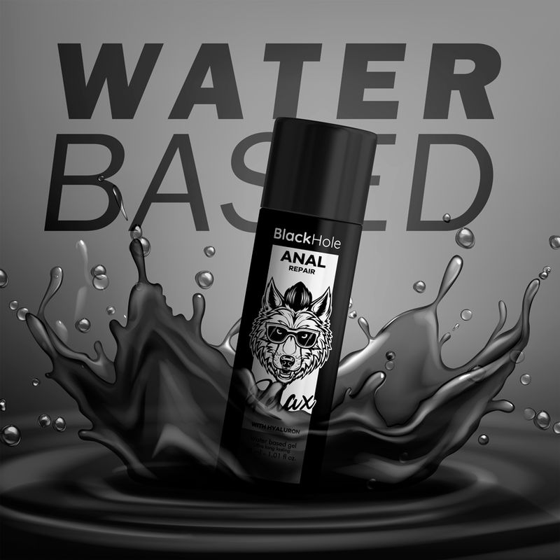 Schwarze Flasche mit "BlackHole Anal Repair" und einem Wolfskopf-Logo. Wasserbasiert.