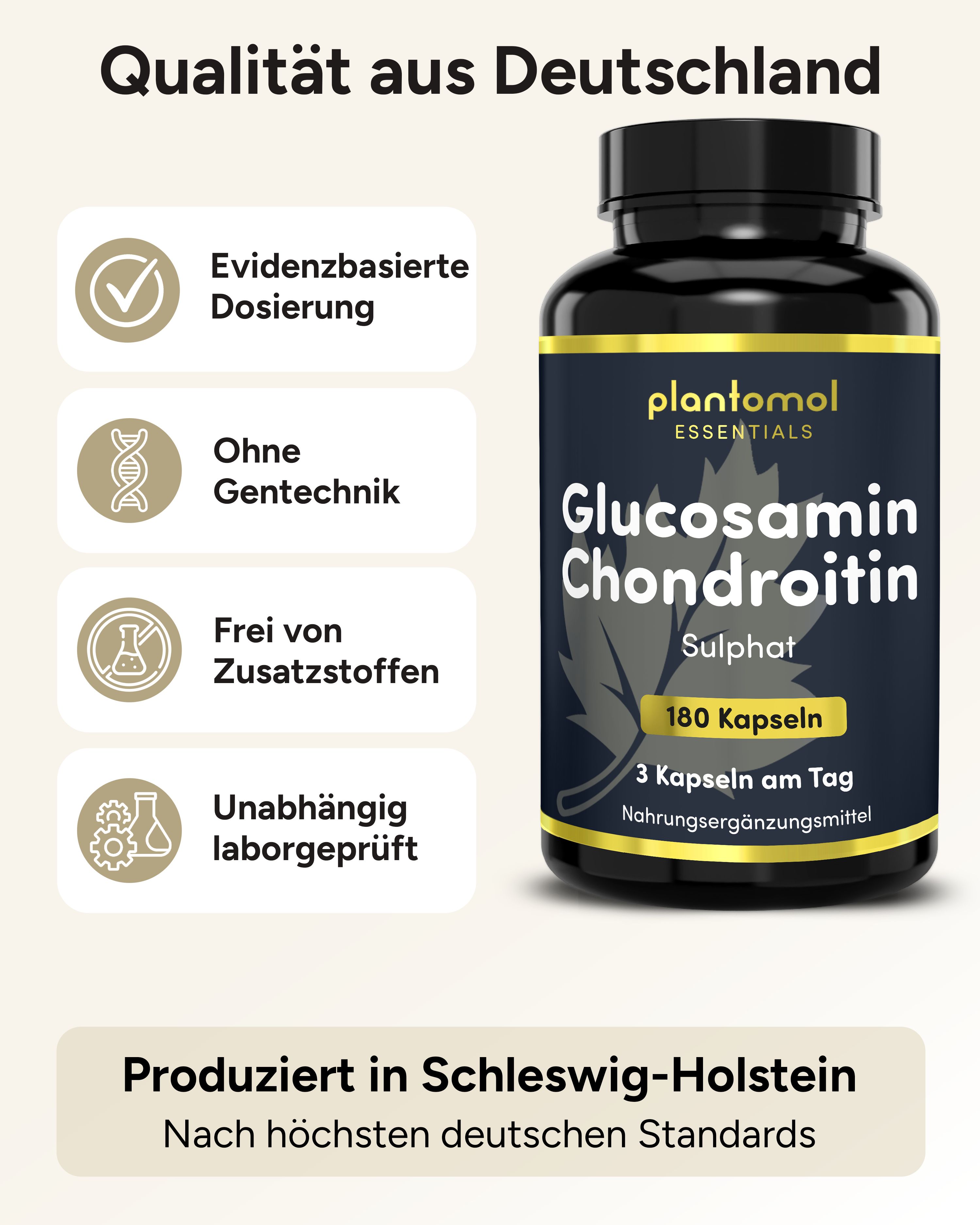 Schwarze Flasche plantomol® Essentials Glucosamin Chondroitin. 180 Kapseln. Qualität aus Deutschland. Ohne Gentechnik.