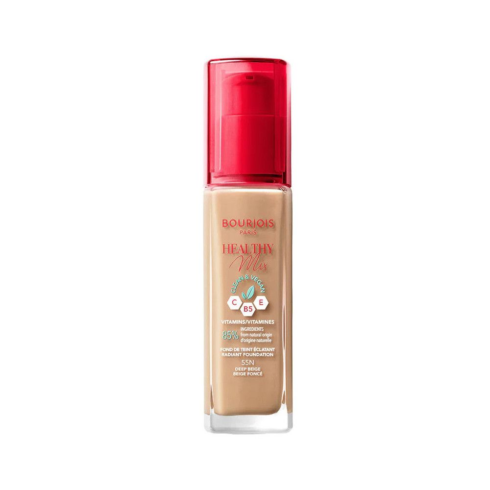 Bourjois Healthy Mix Foundation. Flasche mit rotem Pumpdeckel. Aufschrift: Healthy Mix, Vitamine C, E, B5. Farbton: 52N.