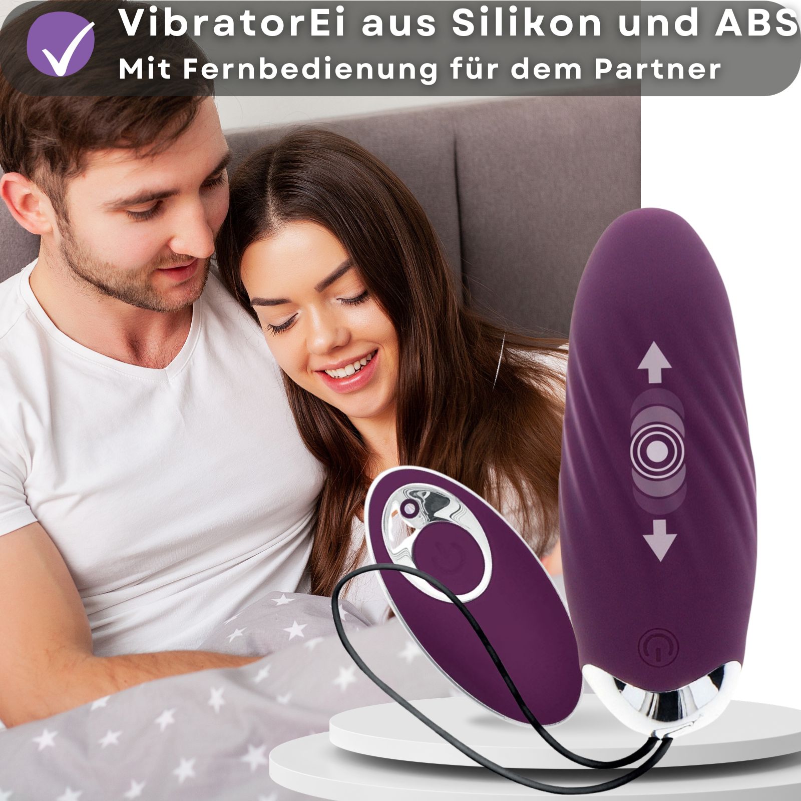 Produktinformationen: Silikon-Vibrator, mit Fernbedienung. Hintergrund: Paar.