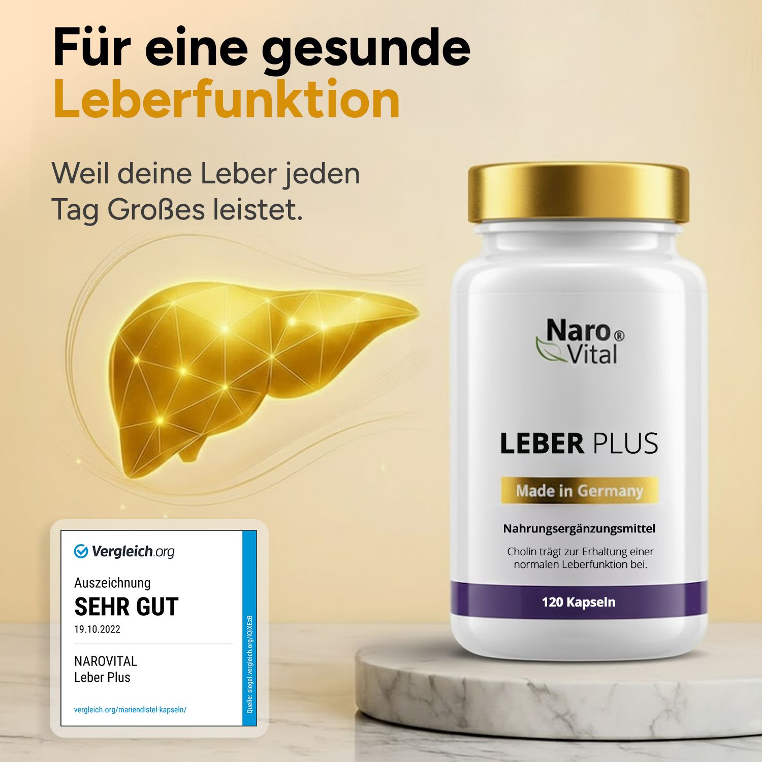 Produktflasche neben goldener Leber-Illustration und Auszeichnung von Vergleich.org: SEHR GUT.