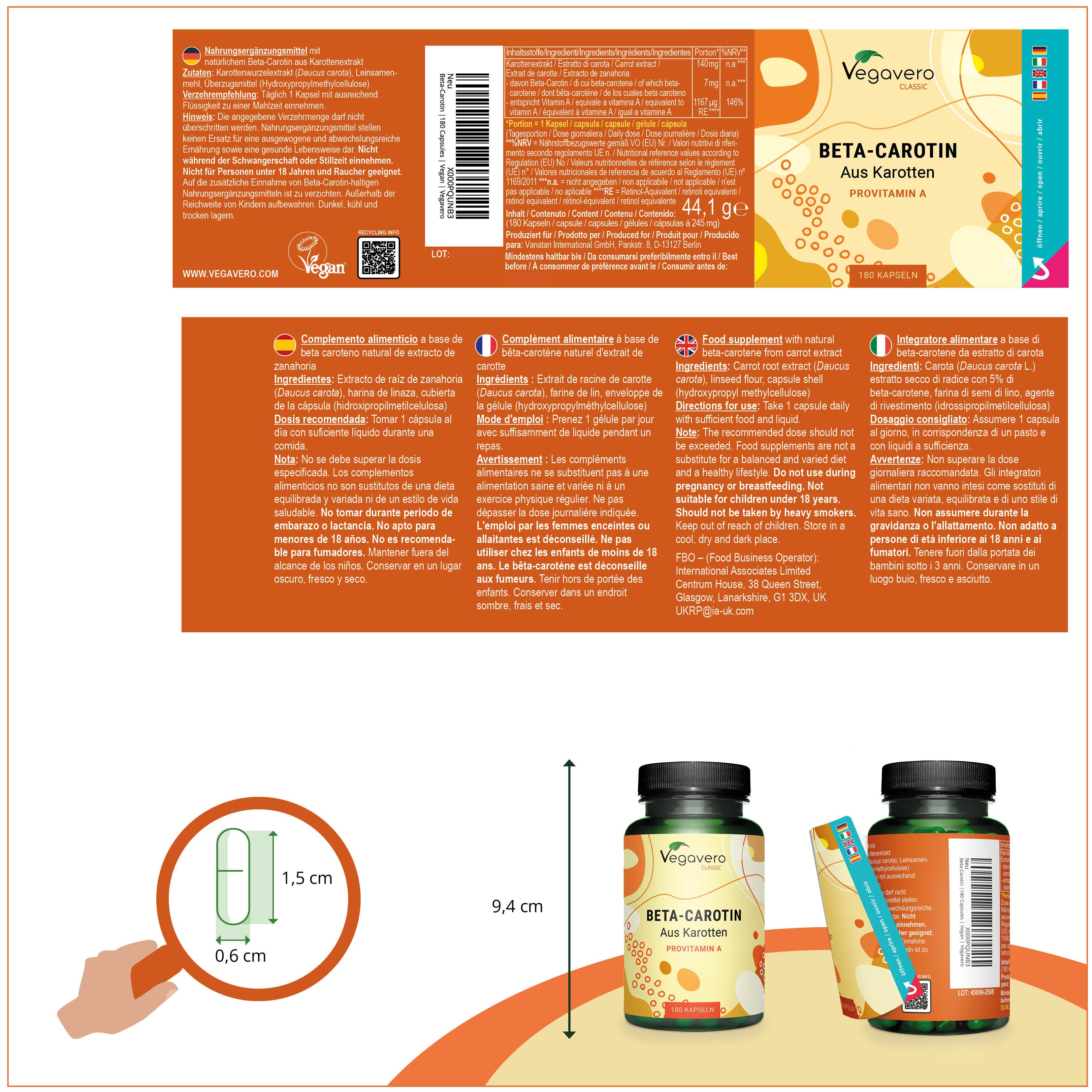 Produktverpackung mit Informationen in verschiedenen Sprachen. Enthält eine Dose Beta-Carotin-Kapseln und eine Packungsbeilage.