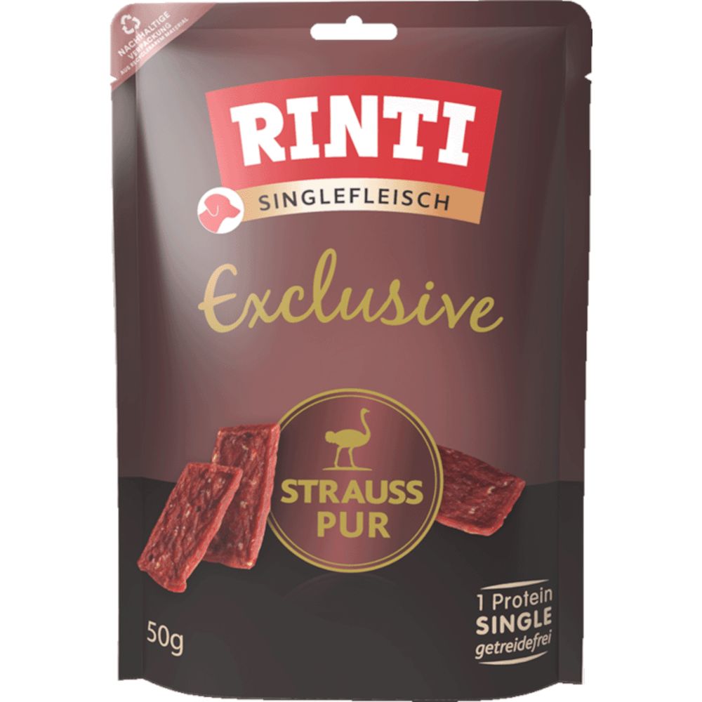 Rinti Singlefleisch Exclusive Strauß Pur: 50g Beutel mit getreidefreien Straußenfleisch-Snacks.