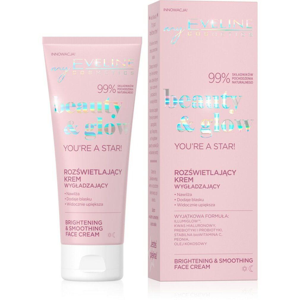 Rosa Tube und Schachtel. Aufschrift: Beauty & Glow, You're a Star! Aufhellende, glättende Gesichtscreme.