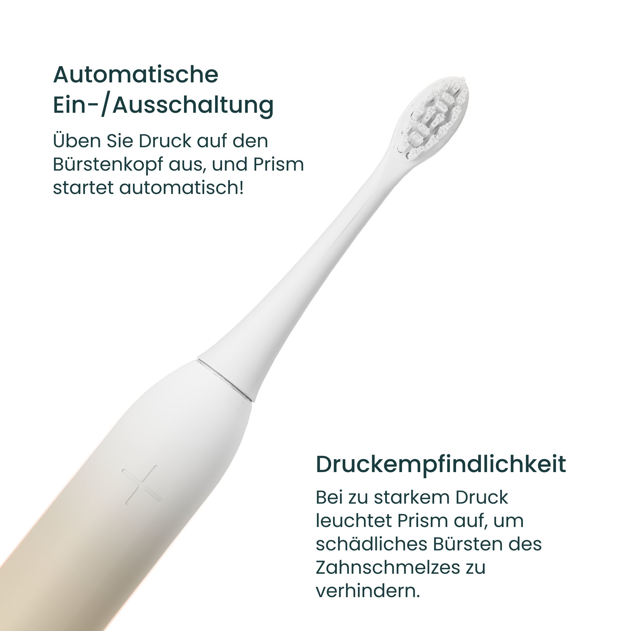 Weiße elektrische Schallzahnbürste mit Drucksensor und automatischer Abschaltung.