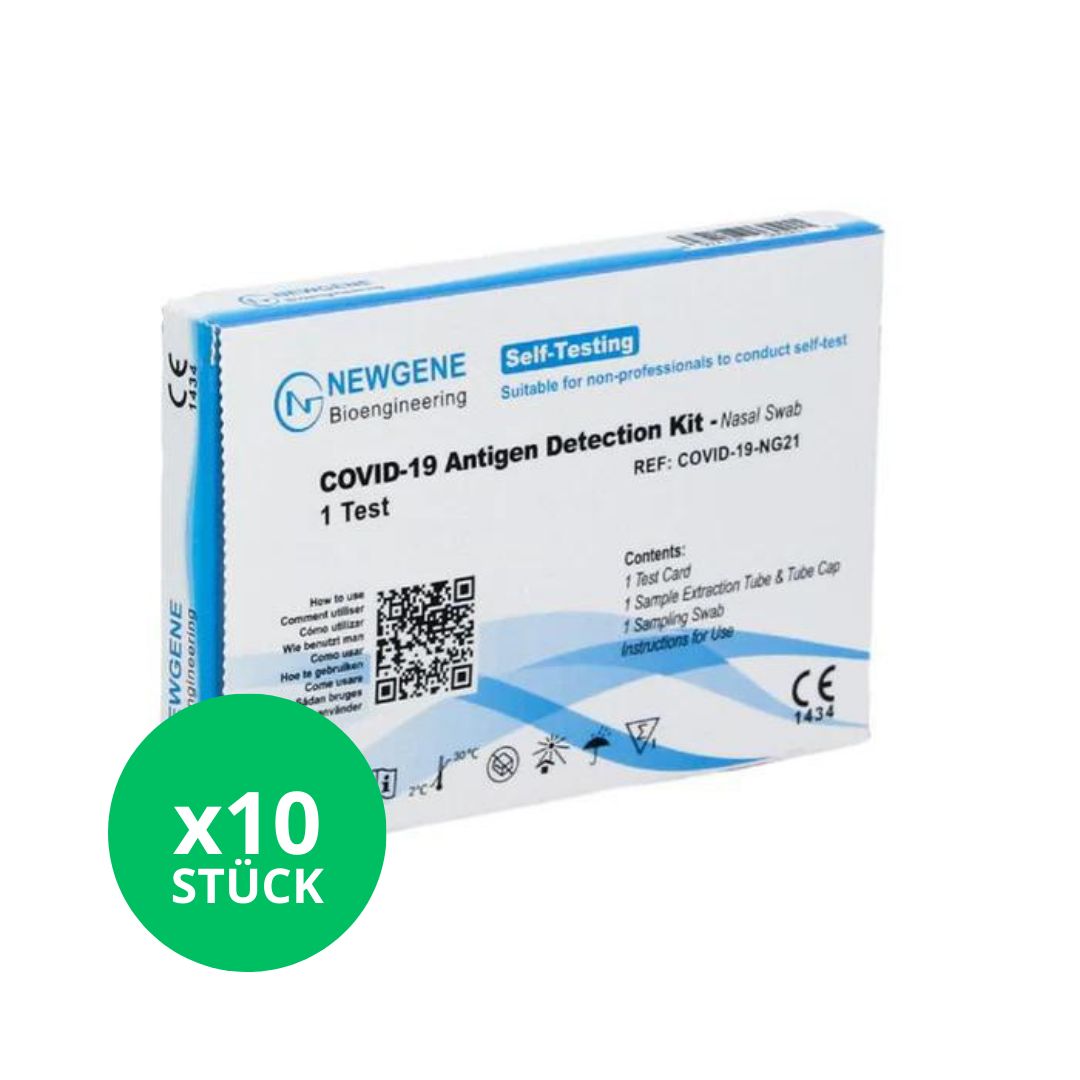 Eine Packung NEWGENE COVID-19 Antigen Detection Kit. Aufschrift: 1 Test. Grüner Kreis mit Aufschrift: x10 STÜCK. CE-Kennzeichnung.