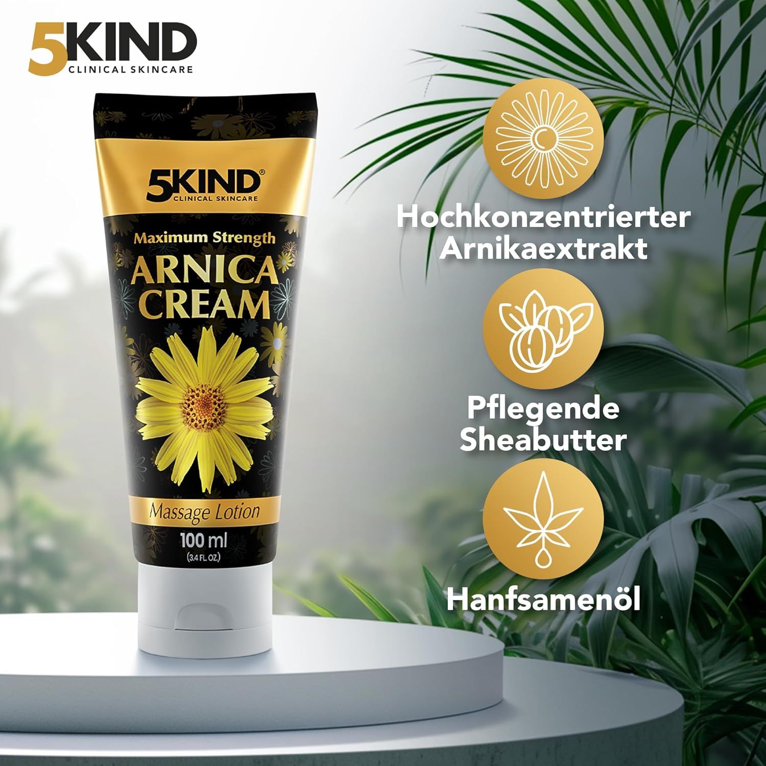 Creme-Tube mit gelbem Etikett. Text: 5kind, Arnika Cream, Massage Lotion. Abbildungen von Arnika, Sheabutter und Hanfsamenöl.