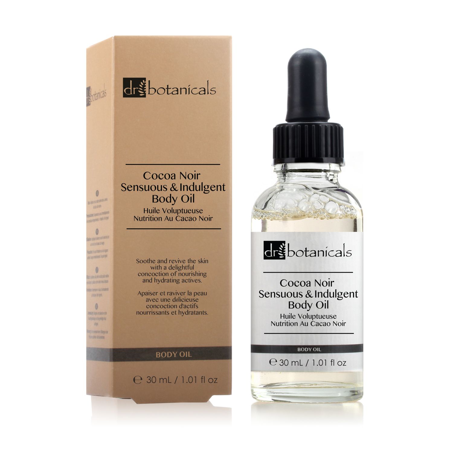 Körperöl mit Verpackung. Flasche mit Pipette und Karton. Aufschrift: Cocoa Noir Sensuous & Indulgent Body Oil.