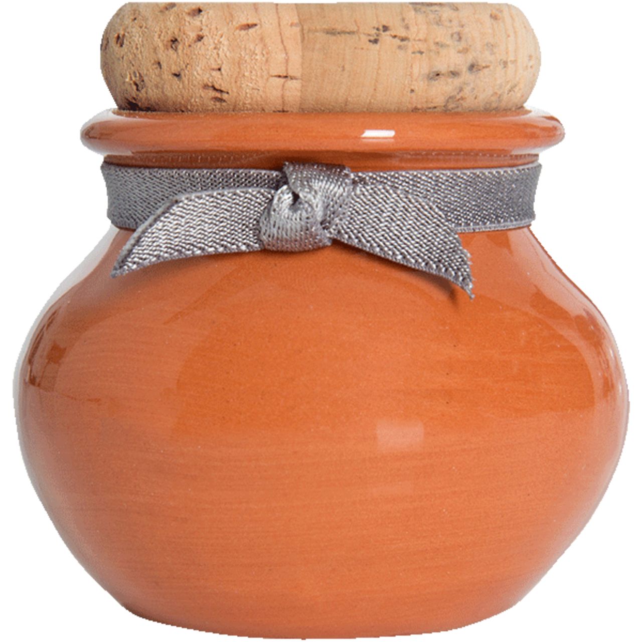 Bronzing Powder-Behälter mit Korkdeckel und Schleife. Orangefarbener Behälter, silberne Schleife.