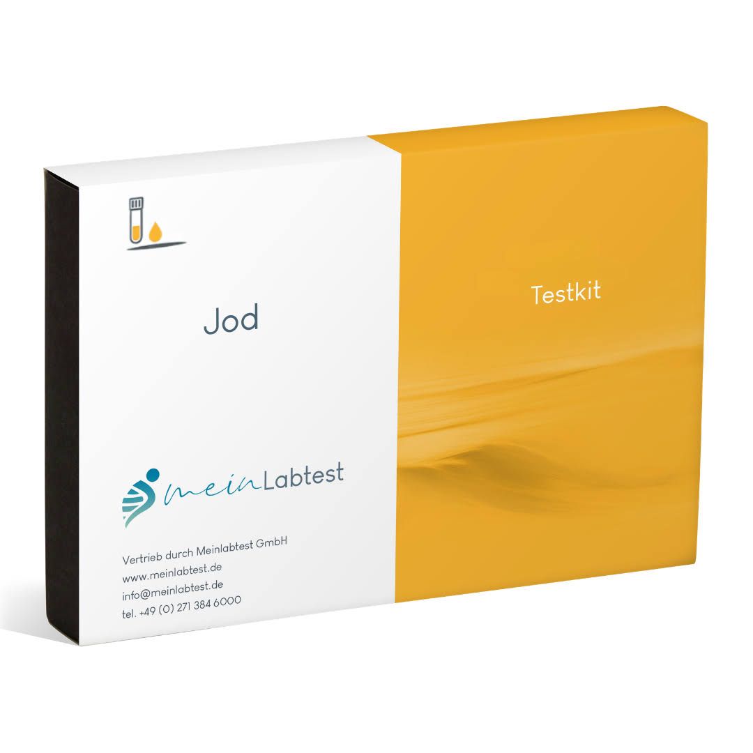 Weiß-gelbe Box mit Aufschrift "Jod Testkit". Logo und Kontaktinformationen von meinlabtest.de.