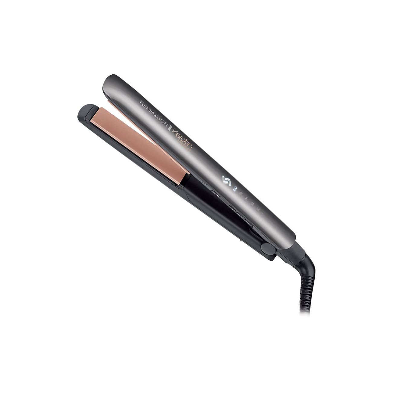 Glätteisen mit Keratin-Technologie. Grau-schwarzes Gehäuse, rosafarbene Heizplatten. Kabelanschluss.