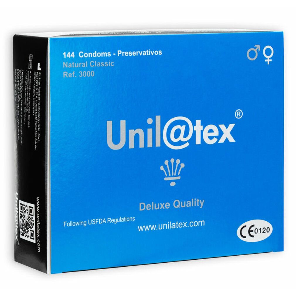 Blaue Schachtel von Unilatex. Aufschrift: 144 Kondome, Natural Classic, Deluxe Quality, CE-Kennzeichnung, Logo.