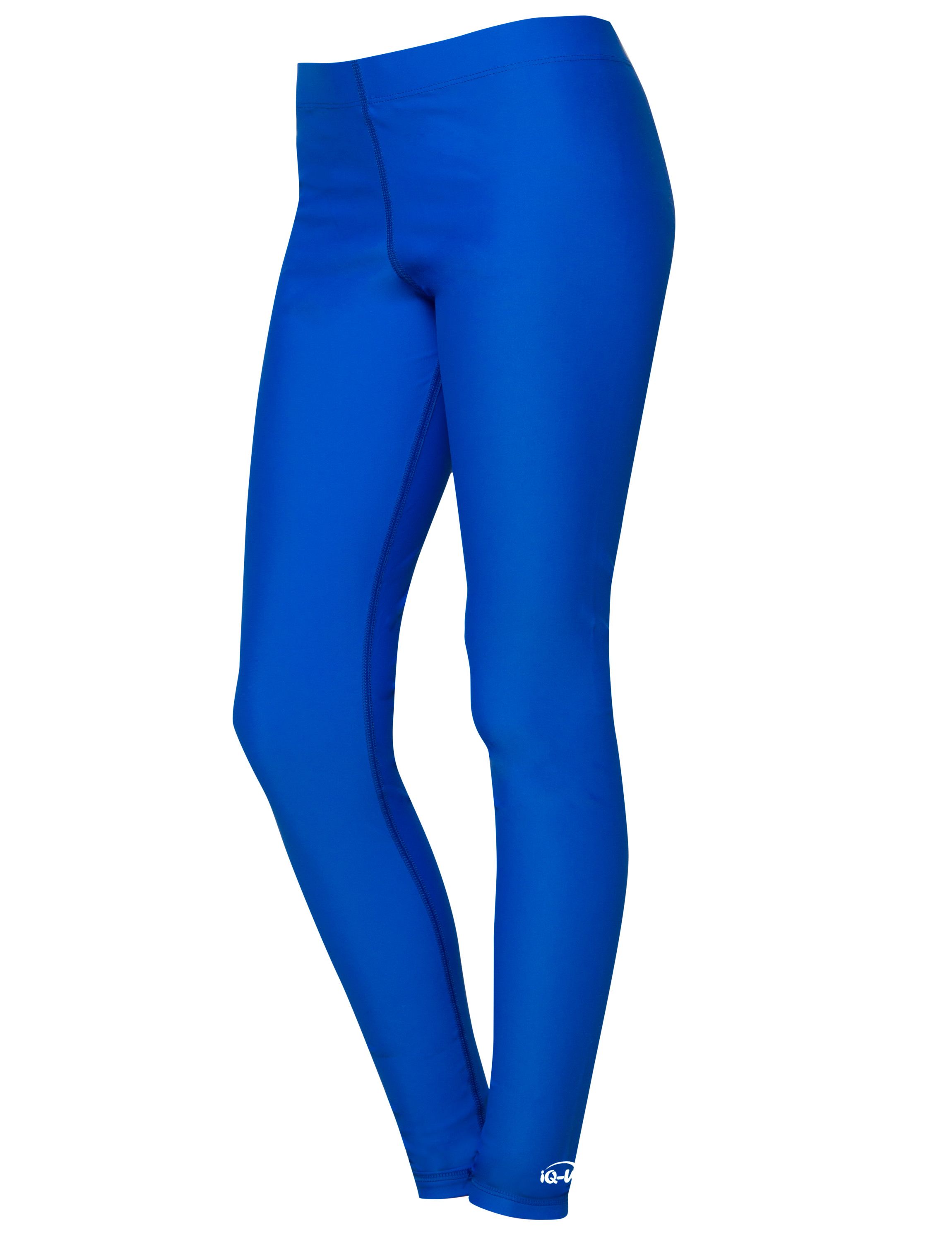 Blaue Leggings. iQ-UV Logo am Knöchel. Blick von der Seite. Glatter Stoff. Eng anliegend.