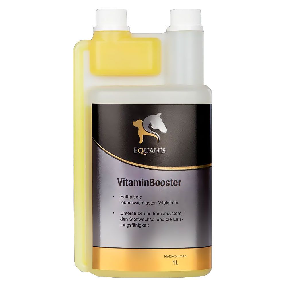 Flasche mit gelber Flüssigkeit. Aufschrift: EQUANIS VitaminBooster. Enthält lebenswichtige Vitalstoffe. 1L.
