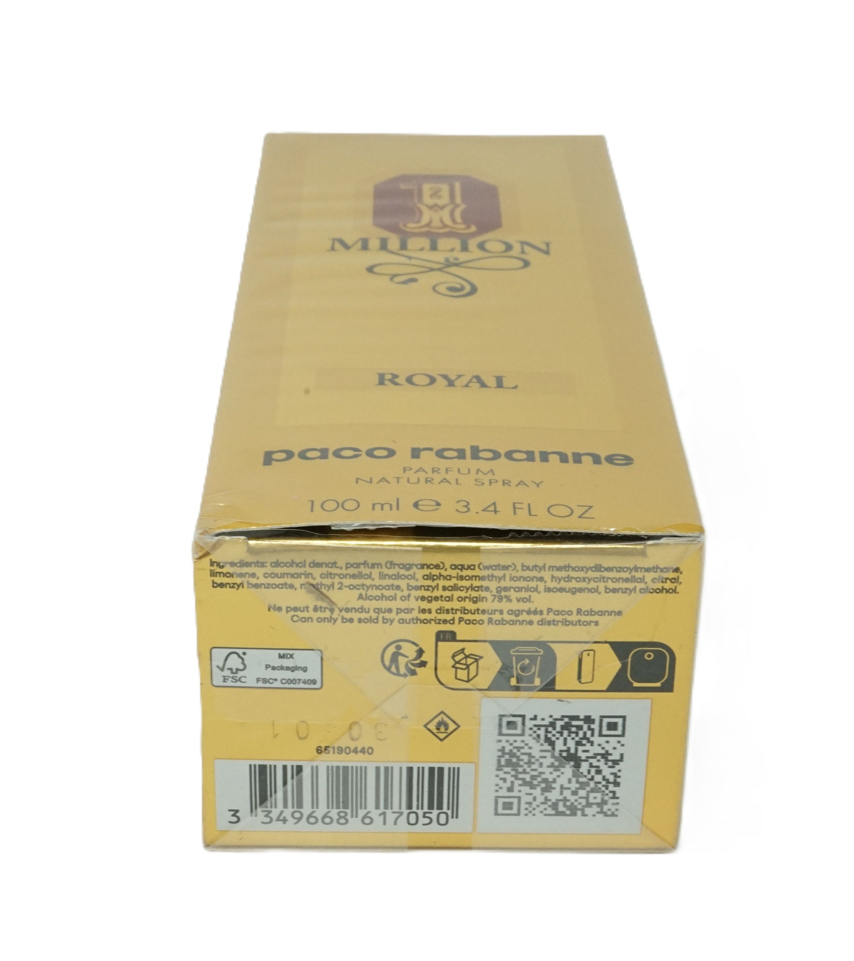 Draufsicht auf goldfarbene Verpackung. Aufschrift: Million Royal, Paco Rabanne. QR-Code und Barcode.