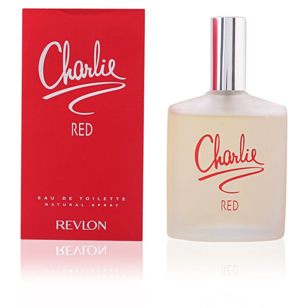 Rotes Karton und Flakon von Charlie Red Eau de Toilette Spray. Schriftzug Charlie Red in Weiß. Revlon-Logo.