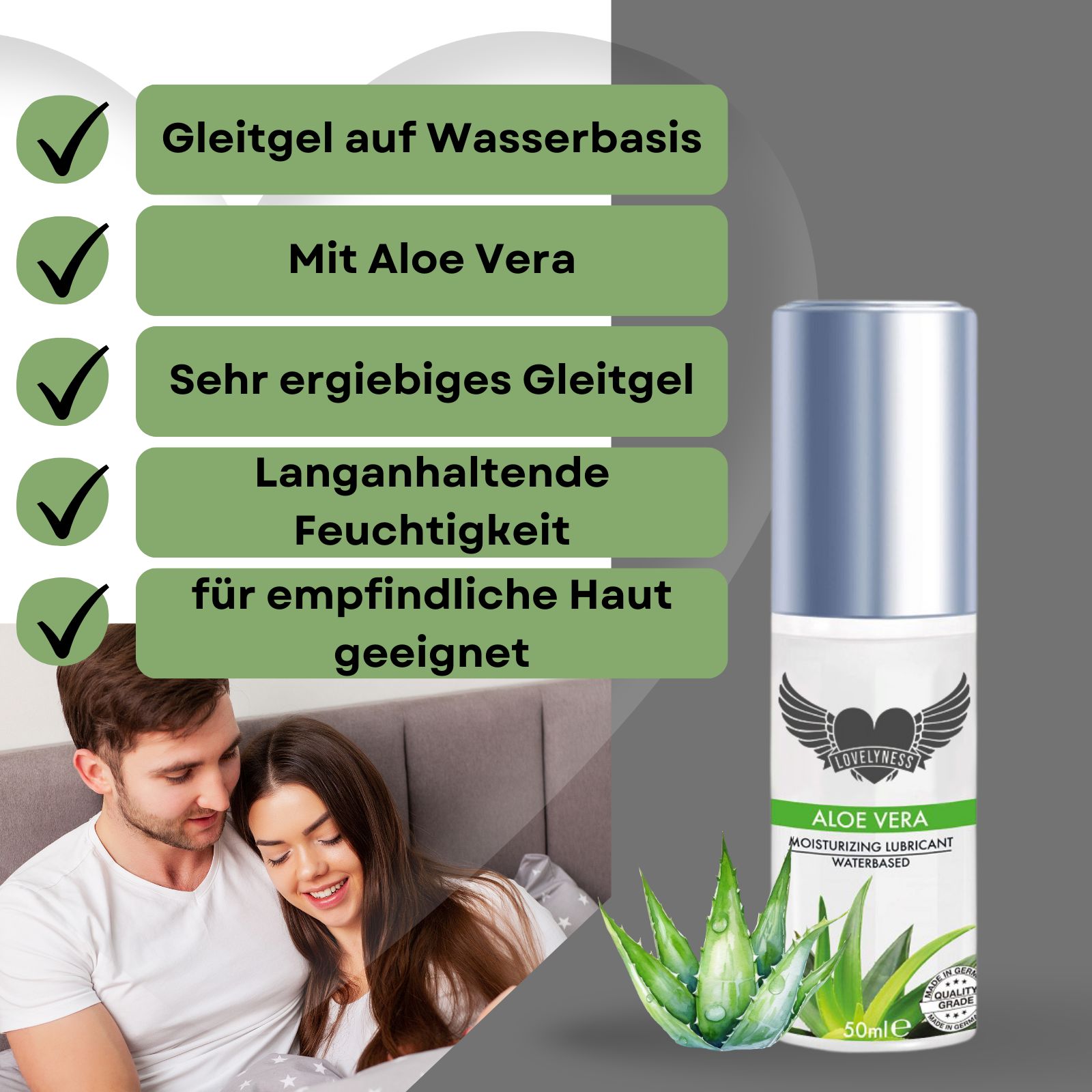 Gleitgel-Flasche mit Aloe Vera. Text: Gleitgel auf Wasserbasis, mit Aloe Vera, für empfindliche Haut.