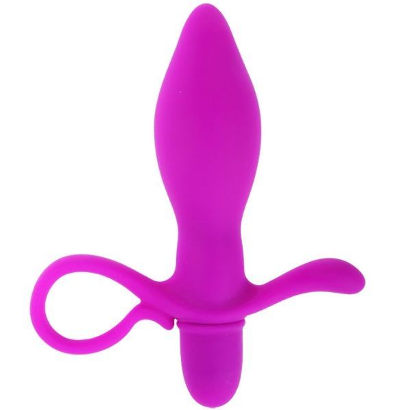 Lila Vibrator mit Ring und Flügeln. Auf weißem Hintergrund.