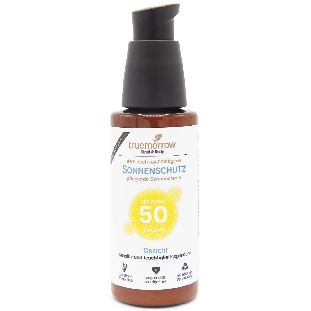 Braune Flasche mit schwarzem Pumpspender. Aufschrift: Sonnenschutz LSF 50, Gesicht. Vegan und tierversuchsfrei.