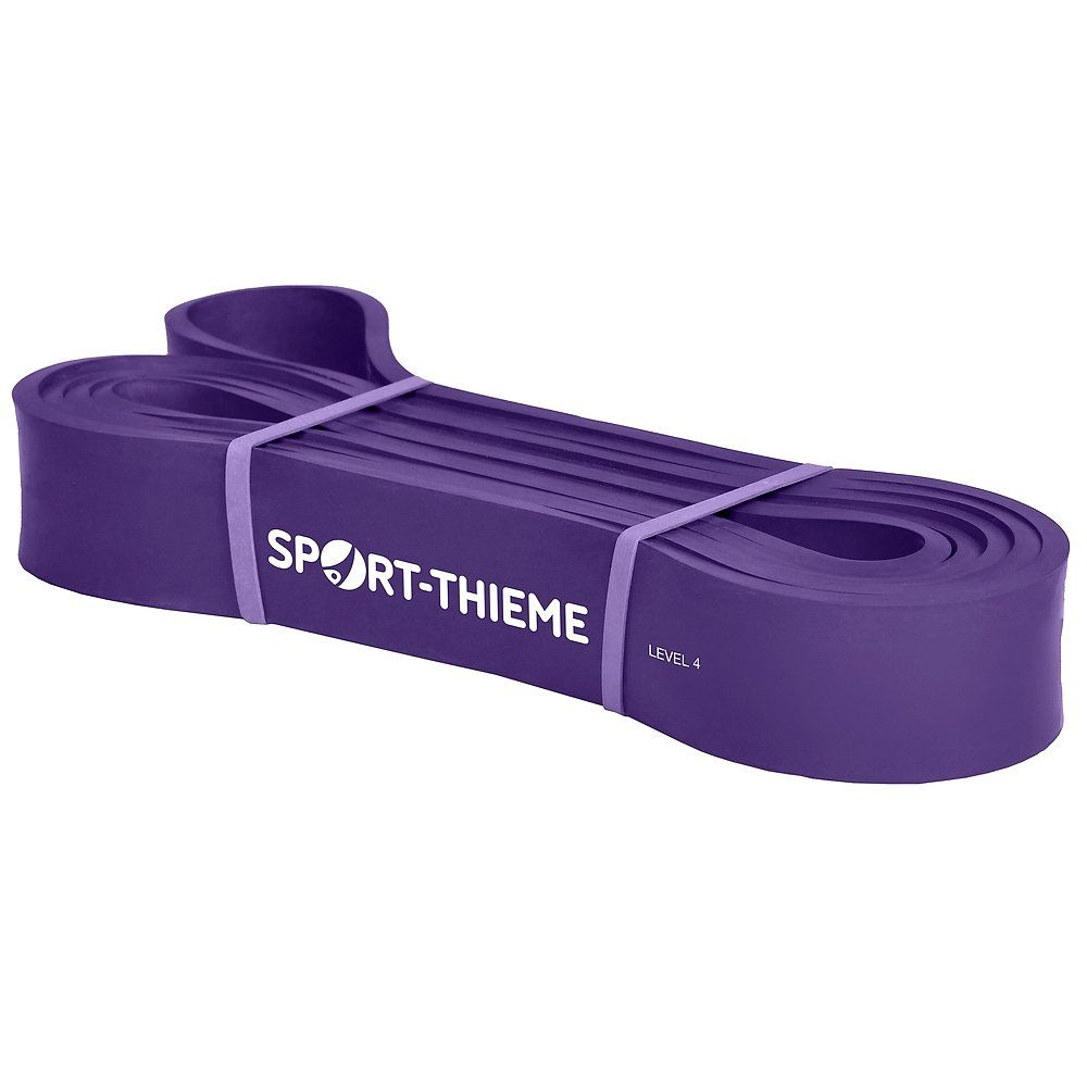 Violettes Sport-Thieme Powerband. Aufgerollt mit Band fixiert. Schriftzug und Level 4.