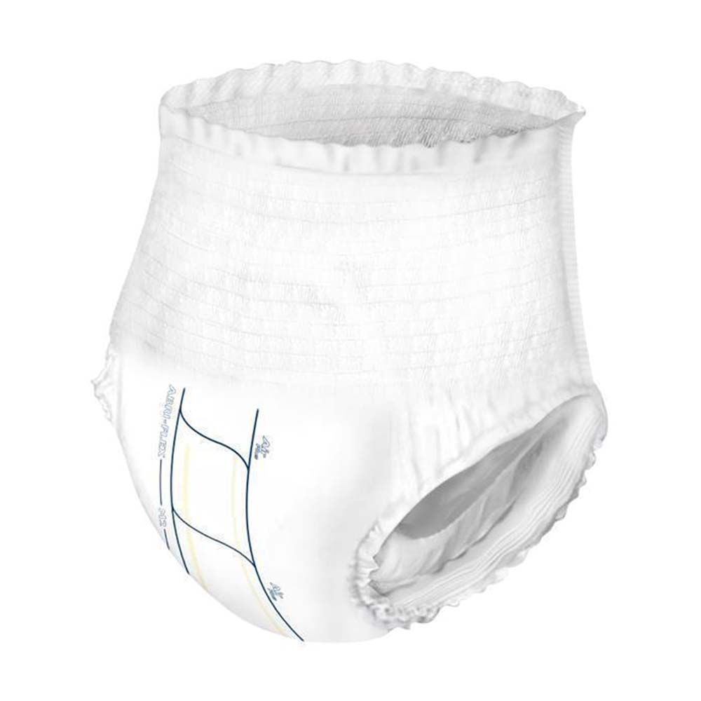 Abena Abri-Flex Premium M2. Weiße Inkontinenzhose. Mit elastischem Bund und Beinabschlüssen. Blaue und gelbe Details. Innenansicht.