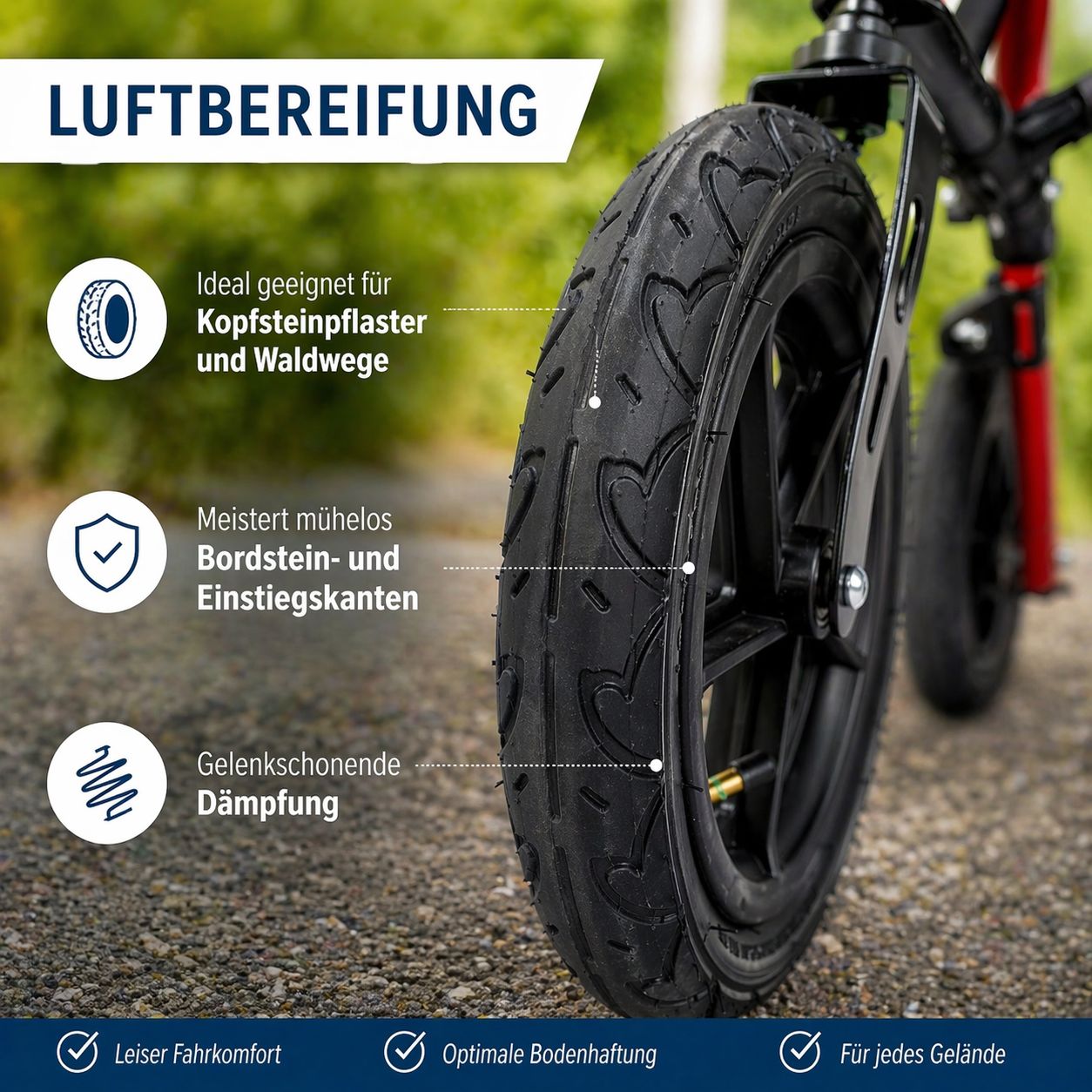Nahaufnahme Luftbereifung Rollator. Ideal für Kopfsteinpflaster und Waldwege. Stoßdämpfung. Logo: LÖSCH.