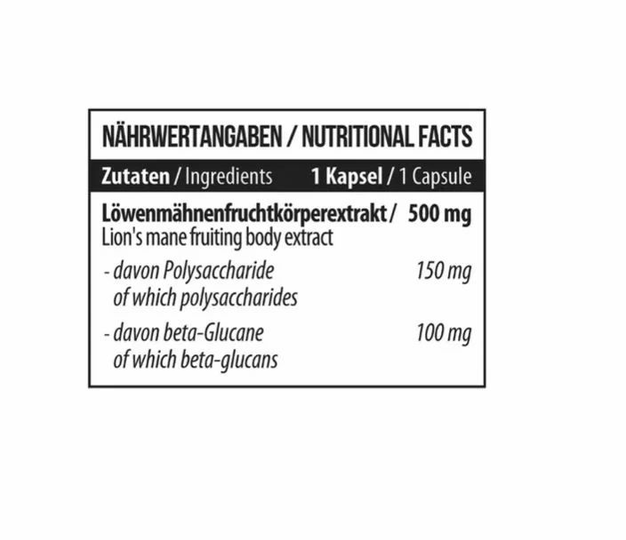 Nahaufnahme der Nährwertangaben auf einem Etikett. Enthält Informationen zu Inhaltsstoffen und Nährwerten pro Kapsel.