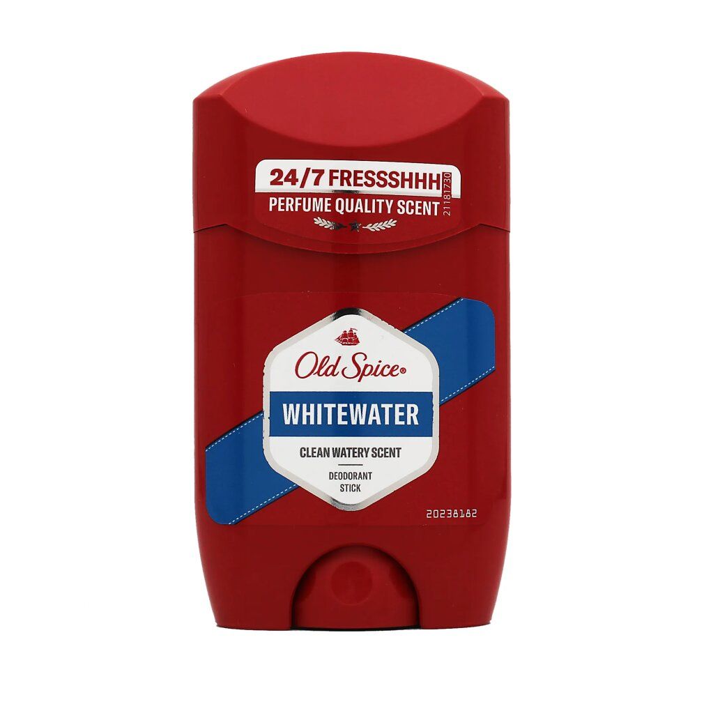 Roter Deostift mit weißem Etikett. Aufschrift: Old Spice Whitewater. Mit blau-weißen Streifen. Text: 24/7 Fressshhh.