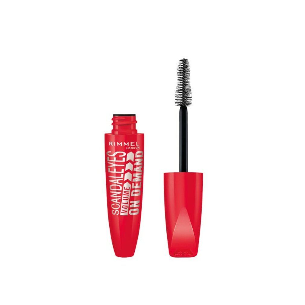 Geöffnete rote Mascarahülse mit Bürste. Aufschrift: Scandaleyes Volume On Demand. Marke: Rimmel London.