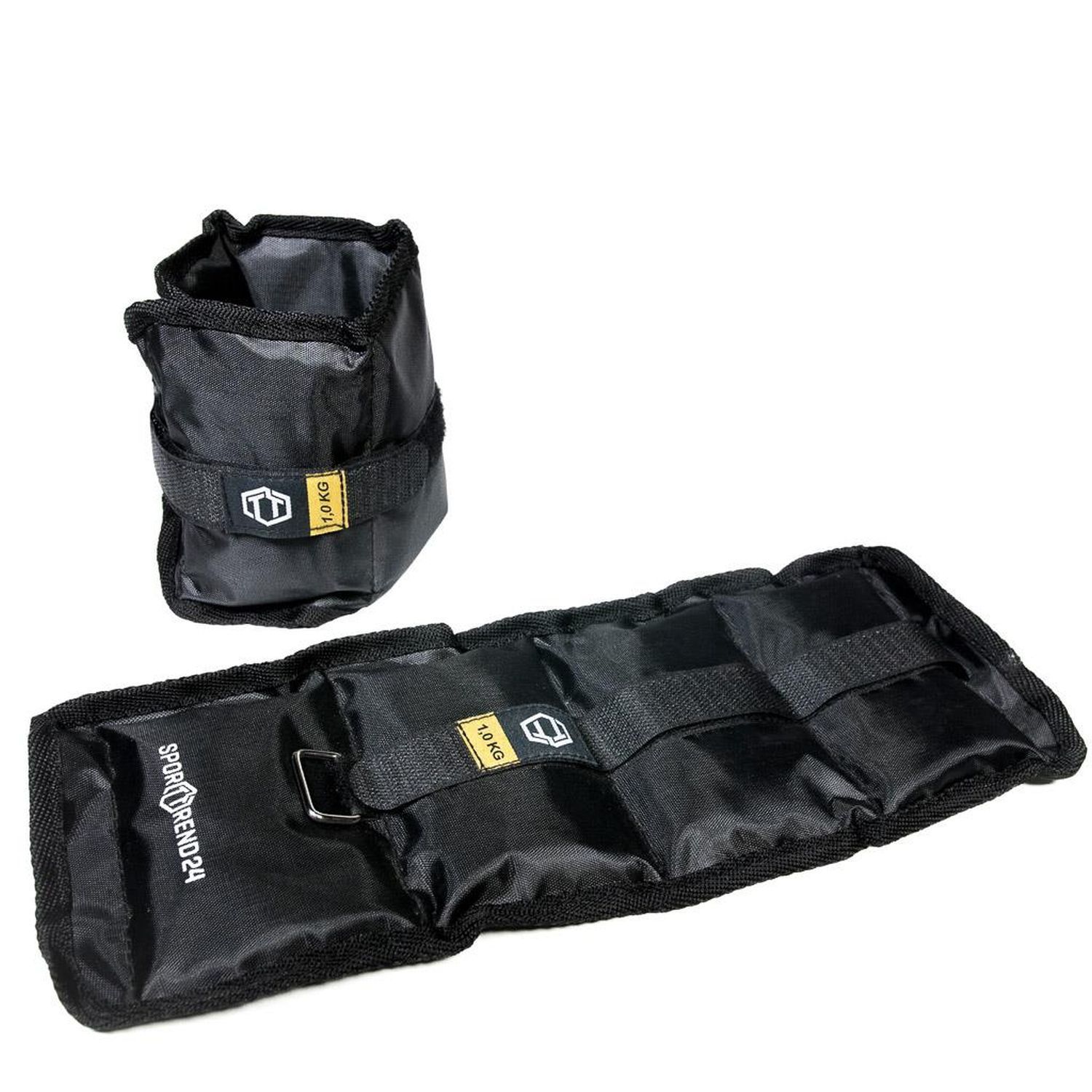 Schwarzes Sporttrend24 Gewichtsmanschetten Set. Eine Manschette mit 1,0 KG Etikett.