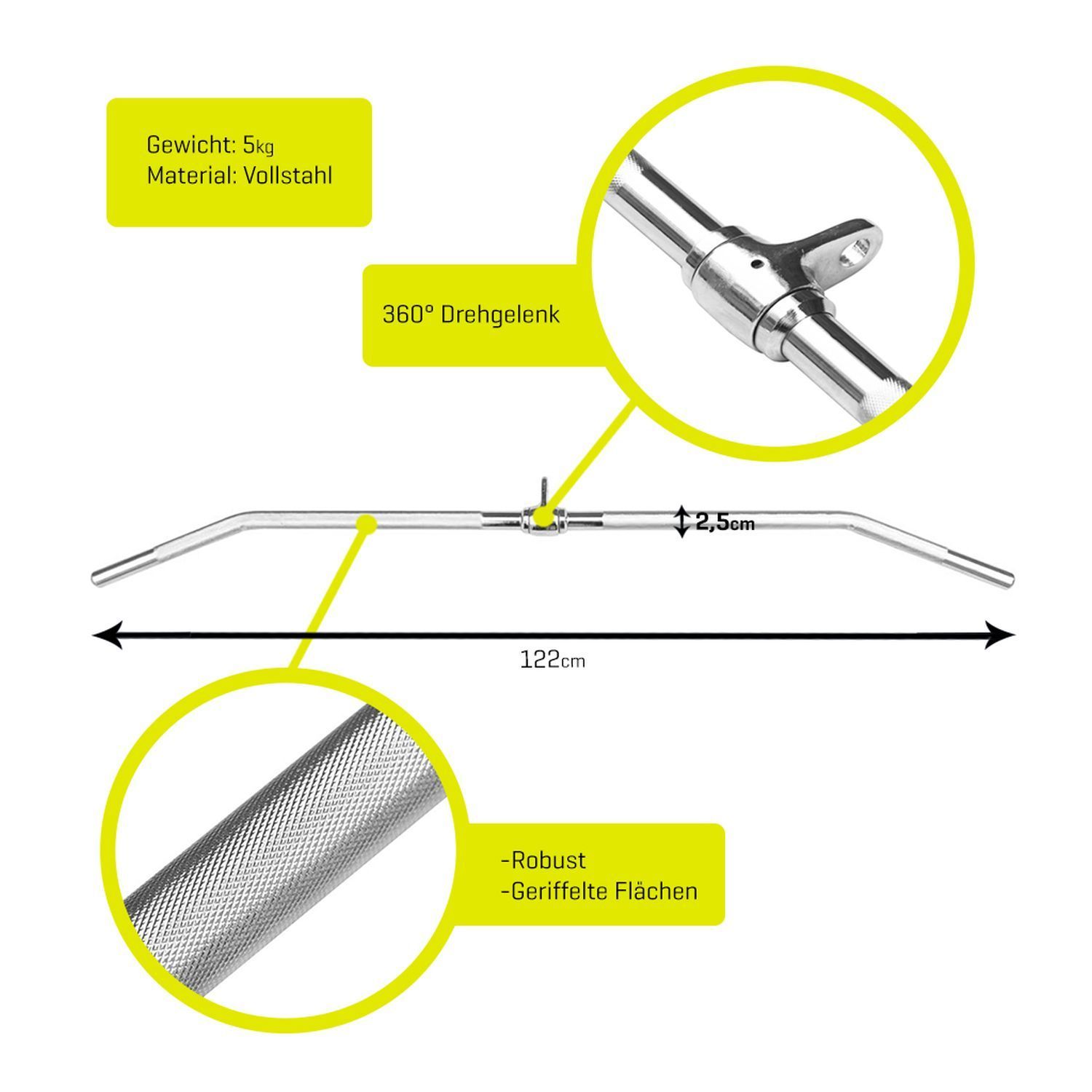 Latzugstange, 122cm lang, Vollstahl, 5kg. 360° Drehgelenk. Robuste, geriffelte Flächen. Abgebildet mit gelben Markierungen.
