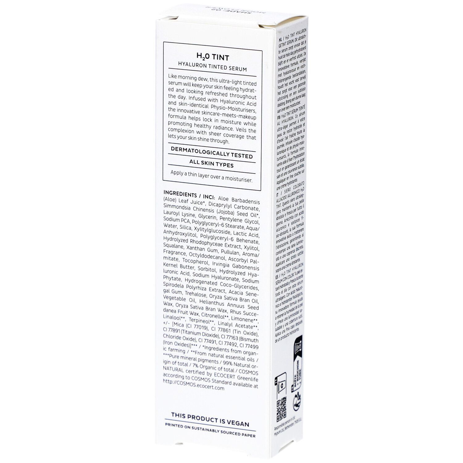 Rückseite der weißen Produktverpackung. Text in mehreren Sprachen. Inhaltsstoffe, Anwendungshinweise und Zertifizierungen.