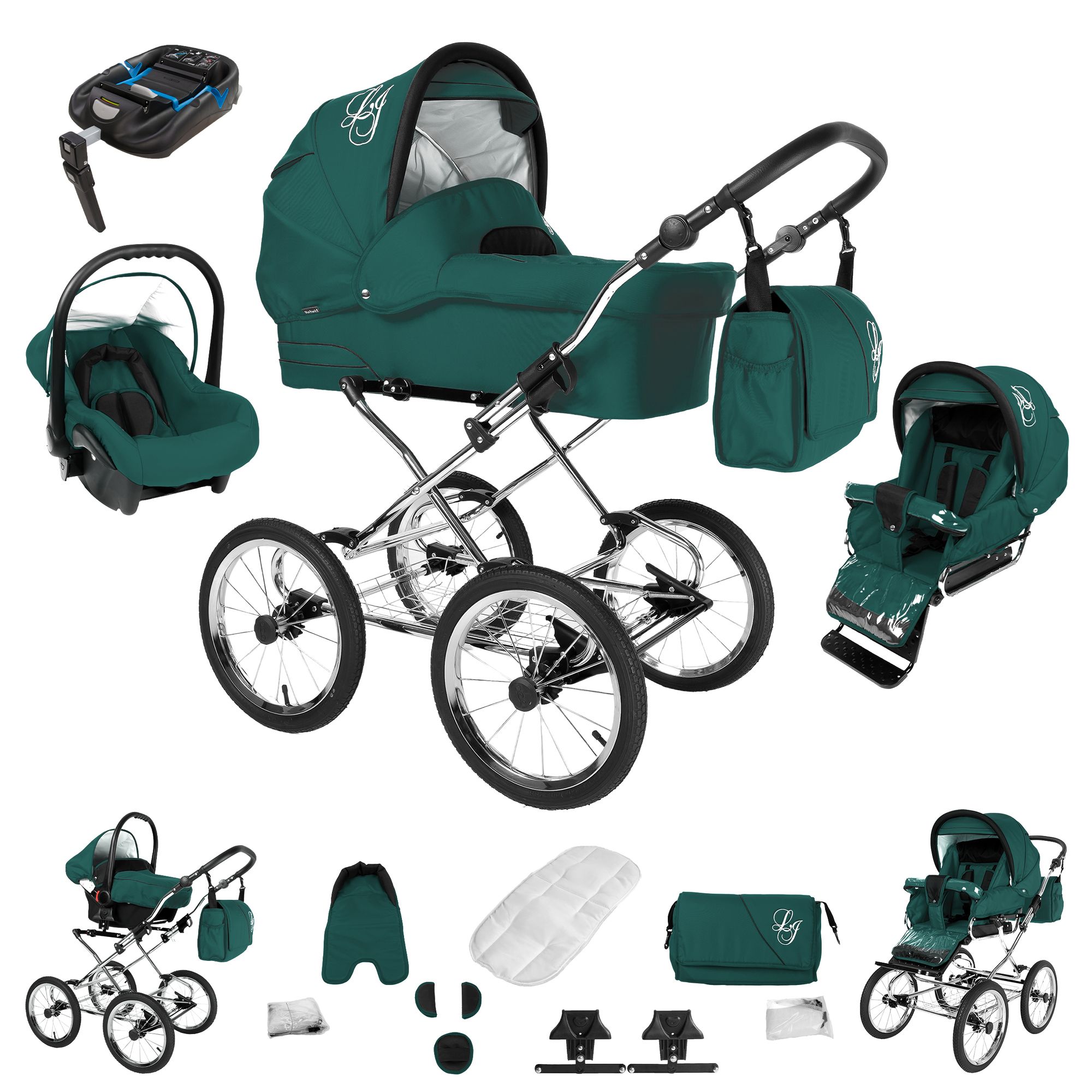 Bebebi Loving 4 in 1 Kinderwagen Komplettset ISOFIX Basis Nostalgie Kinderwagen, Green Ardent Peak