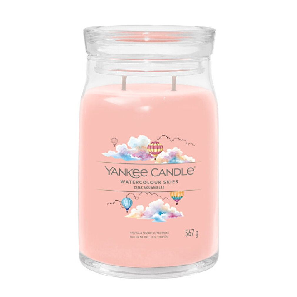 Großes Glas mit rosa Kerze, Deckel. Aufschrift: Yankee Candle, Watercolor Skies, 567 g. Illustration: Heißluftballons, Wolken.