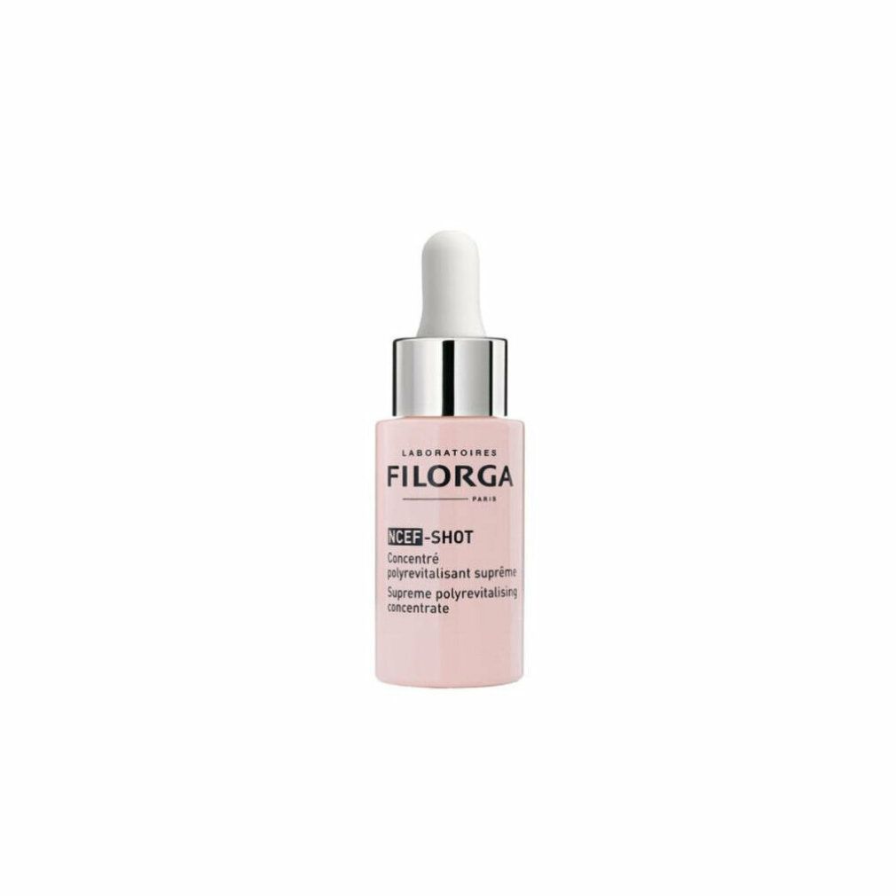 Rosa Flasche mit weißem Tropfer. Aufschrift: FILORGA PARIS, NCEF-SHOT, Concentré polyrevitalisant suprême.