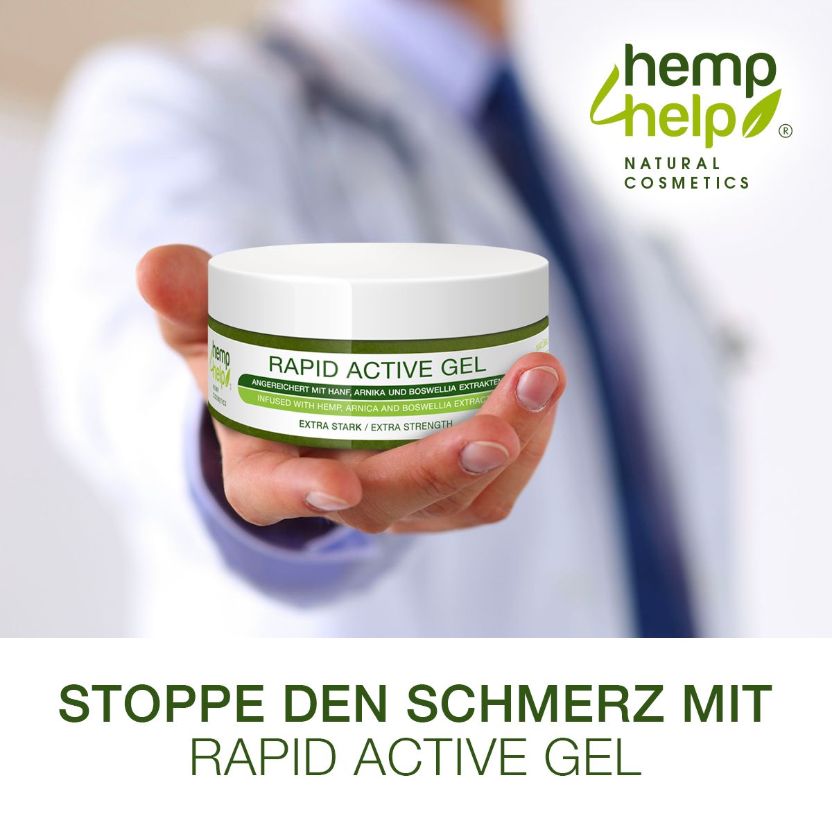 Hand hält Tiegel. Text: Stoppe den Schmerz mit Rapid Active Gel. Weißer Tiegel mit grünem Etikett. Text: Rapid Active Gel.