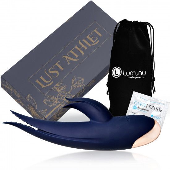 Produkt-Set mit Vibrator, Box mit Schriftzug LUST ATHLET, Beutel und Gleitmittel.