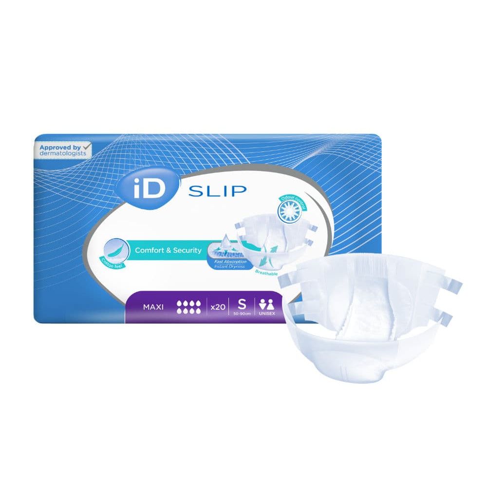 iD Slip Maxi-Packung mit einem geöffneten Slip. Blau-weißes Design. Größe S, 20 Stück. Produkt daneben.