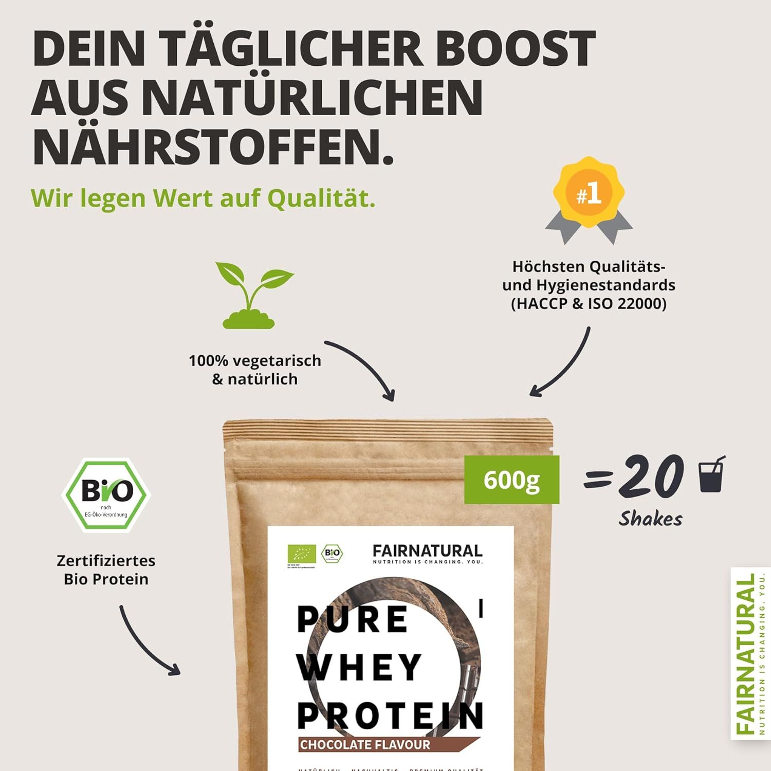 Beutel FAIRNATURAL Bio Whey Protein-Pulver. Text: Dein täglicher Boost aus natürlichen Nährstoffen. 600g = 20 Shakes. Zertifiziertes Bio Protein.